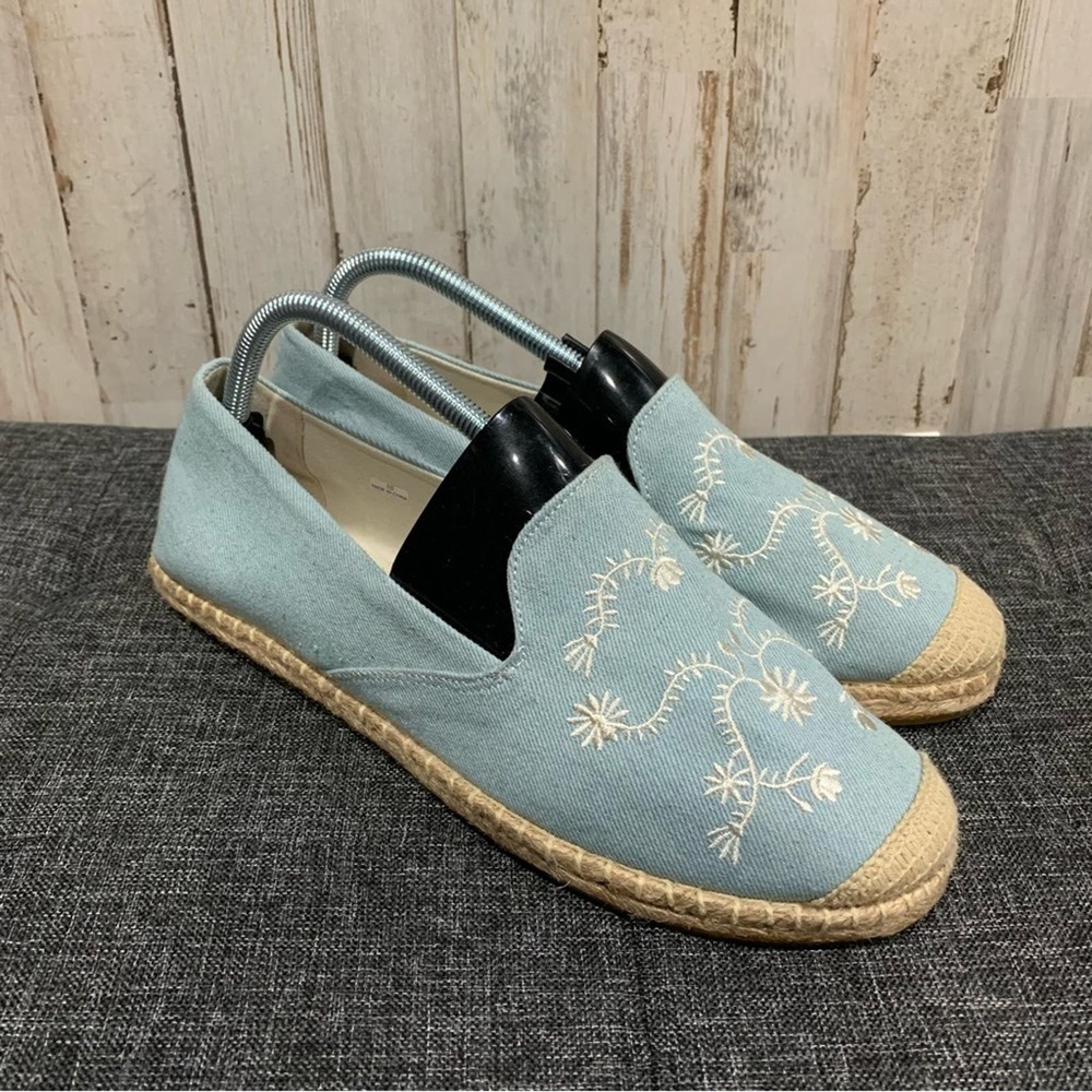 Light Blue Embroidered Canvas Espadrille Slip-Ons